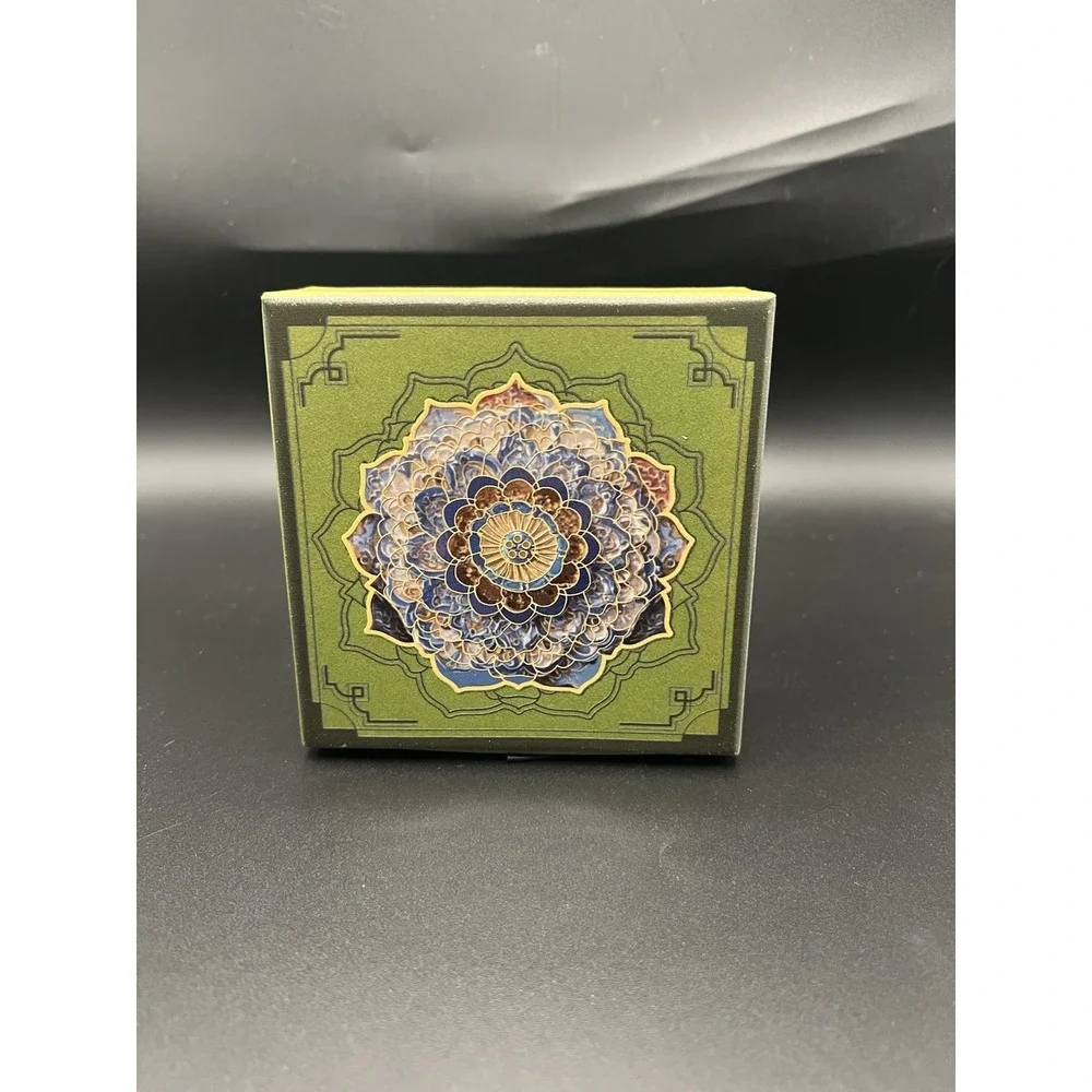 Chinese Cloisonne Enamel Hand Mirror Floral Medallion Green Tassel Gift Box